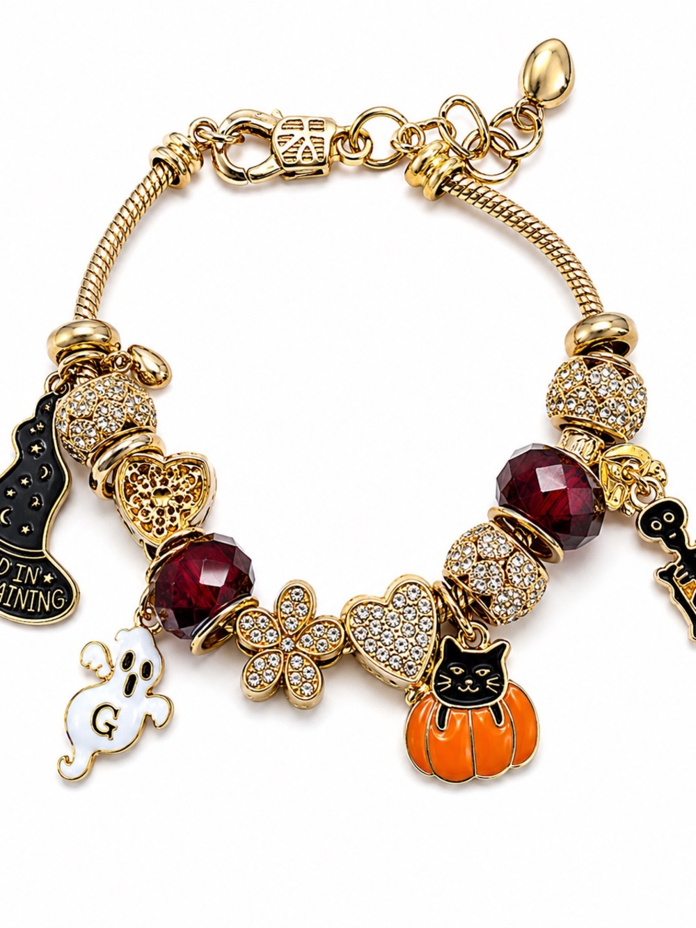 Gold-Tone Halloween Charm Bracelet with Orange Pumpkin & Garnet Beads- Gift
